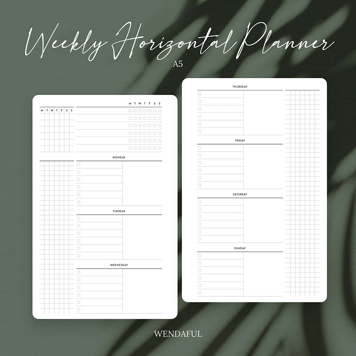 A5 Undated Weekly Horizontal Planner Inserts | Printable product image (1)