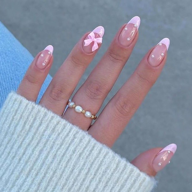 Pink Bow Press On - Medium - Almond Shaped (Smartchip not Included) product image (1)