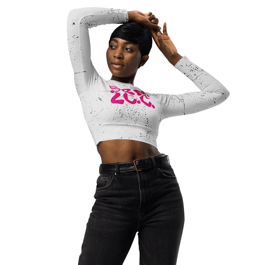 BOURNE to Cape Cod™ Crop Top | BRN.2C.C.™ Coastal Bold | Recycled Long Sleeve Statement Wear 🌊💃☀️ | Vibrant Pink Logos on Distressed White product image (3)