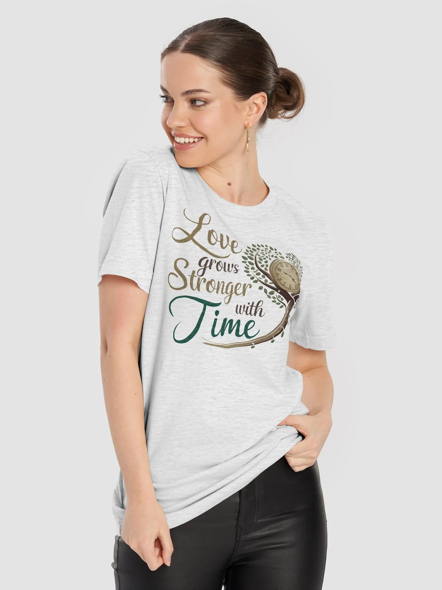 “Love Grows Stronger with Time” t-shirt, Enduring love, Growth and love design tee, Clock and tree symbol, Inspirational wardrobe piece, Gardening-themed clothing, romantic gift, unique gift idea product image (8)