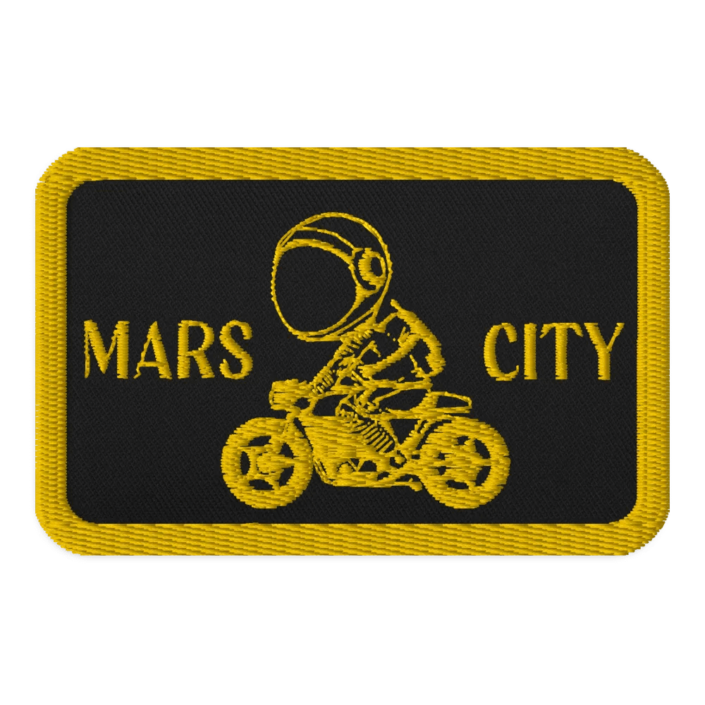 MARS CITY ALL GOLD ASTRONAUT OUTLINE ON MOTORCYCLE BLACK PATCH product image (1)