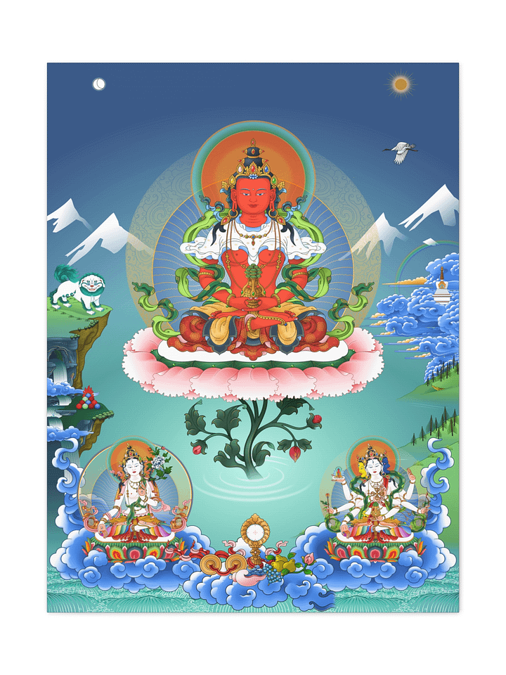 Amitayus Buddha with White Tara and Namgyalma thangka canvas print product image (1)