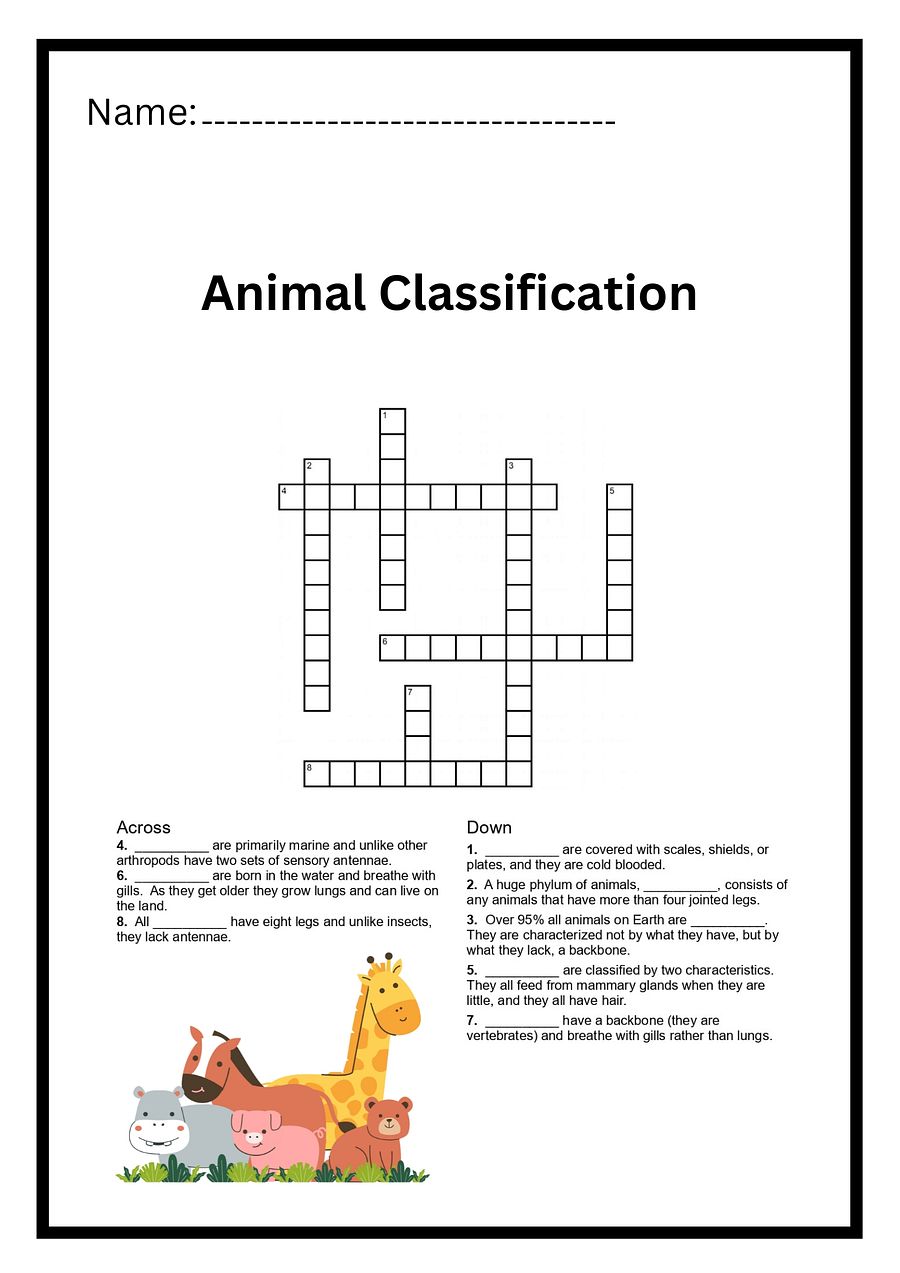 Animal Classification Crossword Puzzle Worksheet Activity Printable PDF product image (2)
