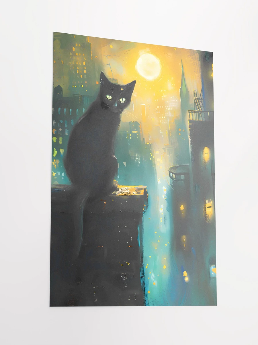 Nocturnal Watch: Black Cat Overlooking the City Lights Art Print Matte Poster product image (4)