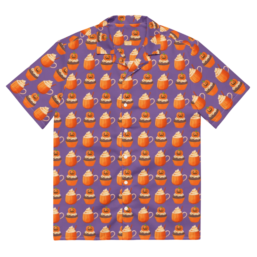 Halloween tea party pumpkin cupcake pumpkin spice latte Unisex Hawaiian Button Shirt product image (2)
