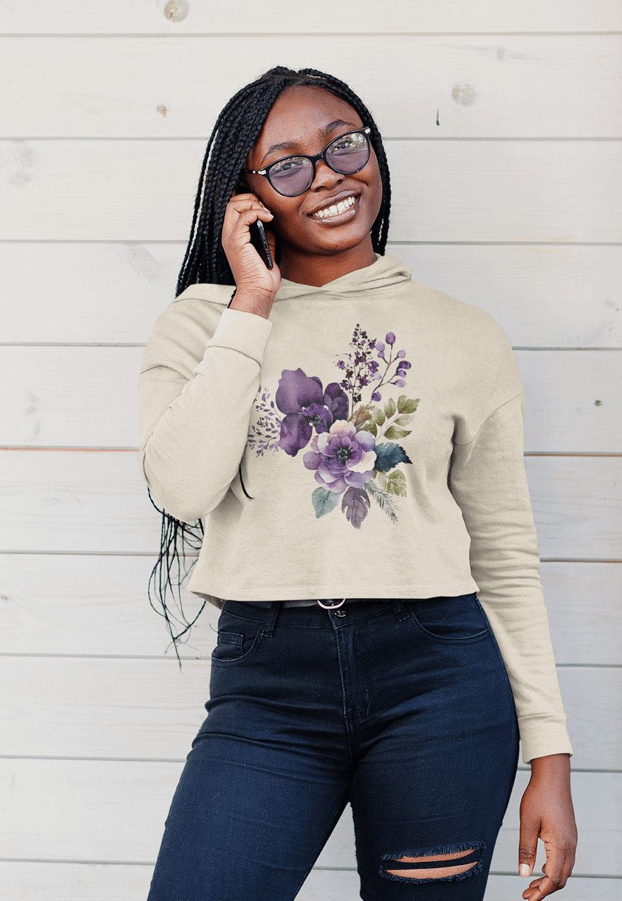 Women's Crop Hooded Pullover with Purple Flowers product image (1)
