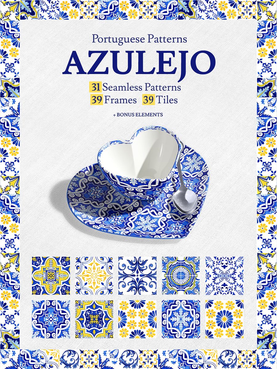 Portuguese Azulejos Tiles & Patterns Watercolor Clipart and Seamless Patterns BUNDLE product image (1)