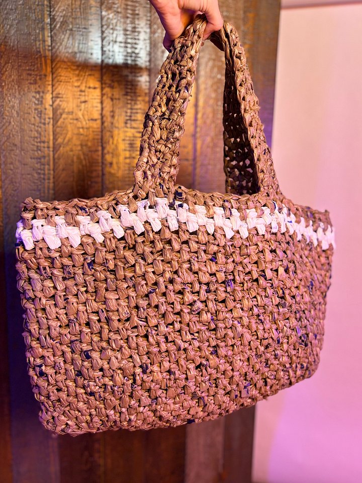 Large Handcrafted Crochet Tote Bag (brown with white stripe) product image (1)