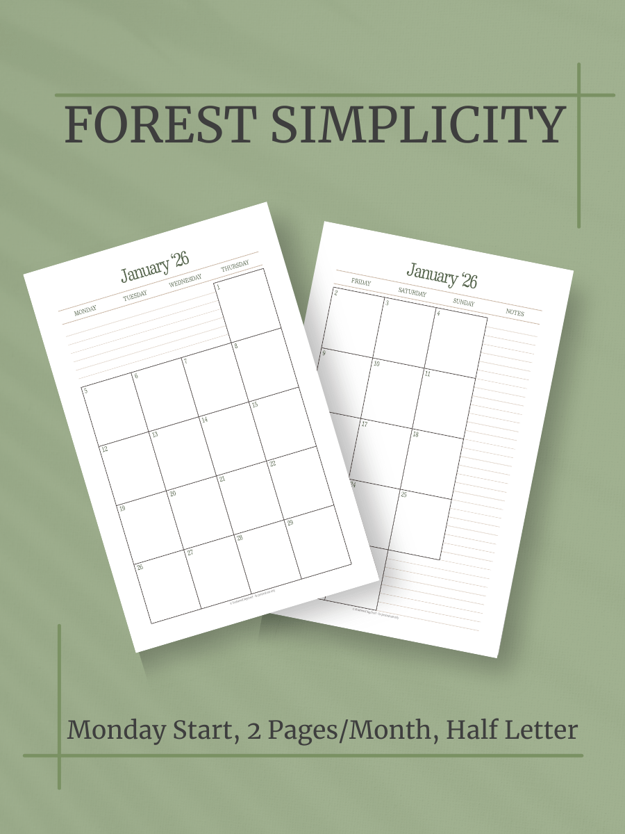Forest Simplicity 2026 Calendar - 2 Pages per Month, Monday Start, Half Letter Size product image (1)