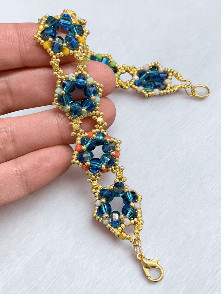 Hand-woven Teal, Gold, Multicolored Crystal Rondelle and Seed Bead Bracelet product image (1)