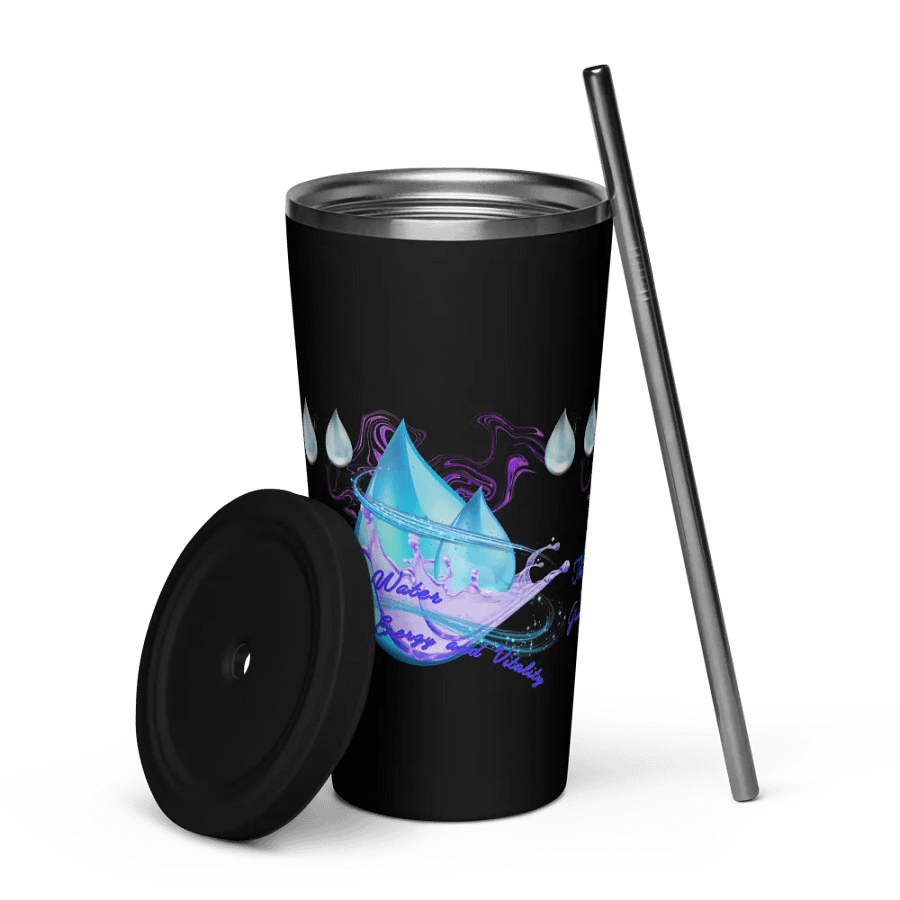 nsulated Tumbler with straw with beautiful swirly blue water drops  featuring ' This water gives energy and vitality
