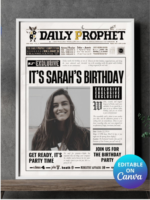 Magical Birthday Party Announcement Newspaper Daily Prophet Template I 100% Customizable product image (1)
