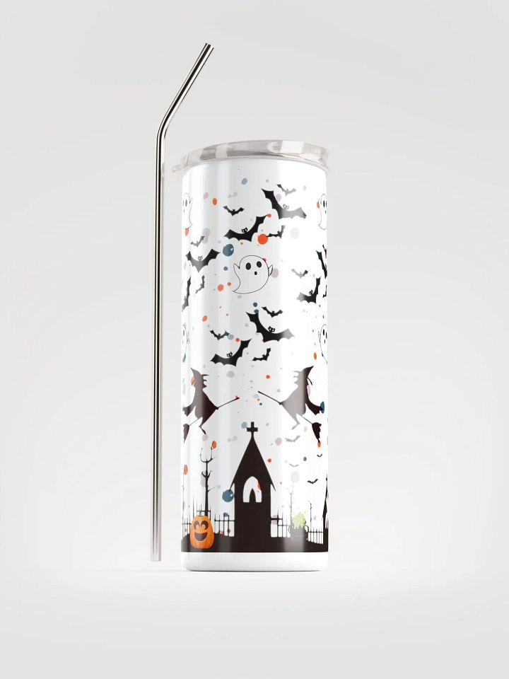 20 oz Stainless Steel Tumbler with Spooky Halloween Design – Ghosts, Witches, Bats & Haunted Houses, Reusable Straw & Lid product image (1)