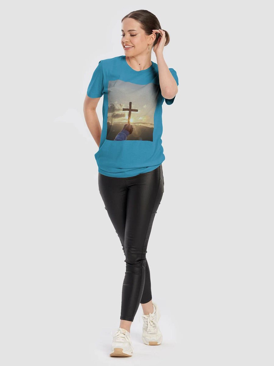 Wooden cross being held up against the backdrop of a sunrise t-shirt product image (9)