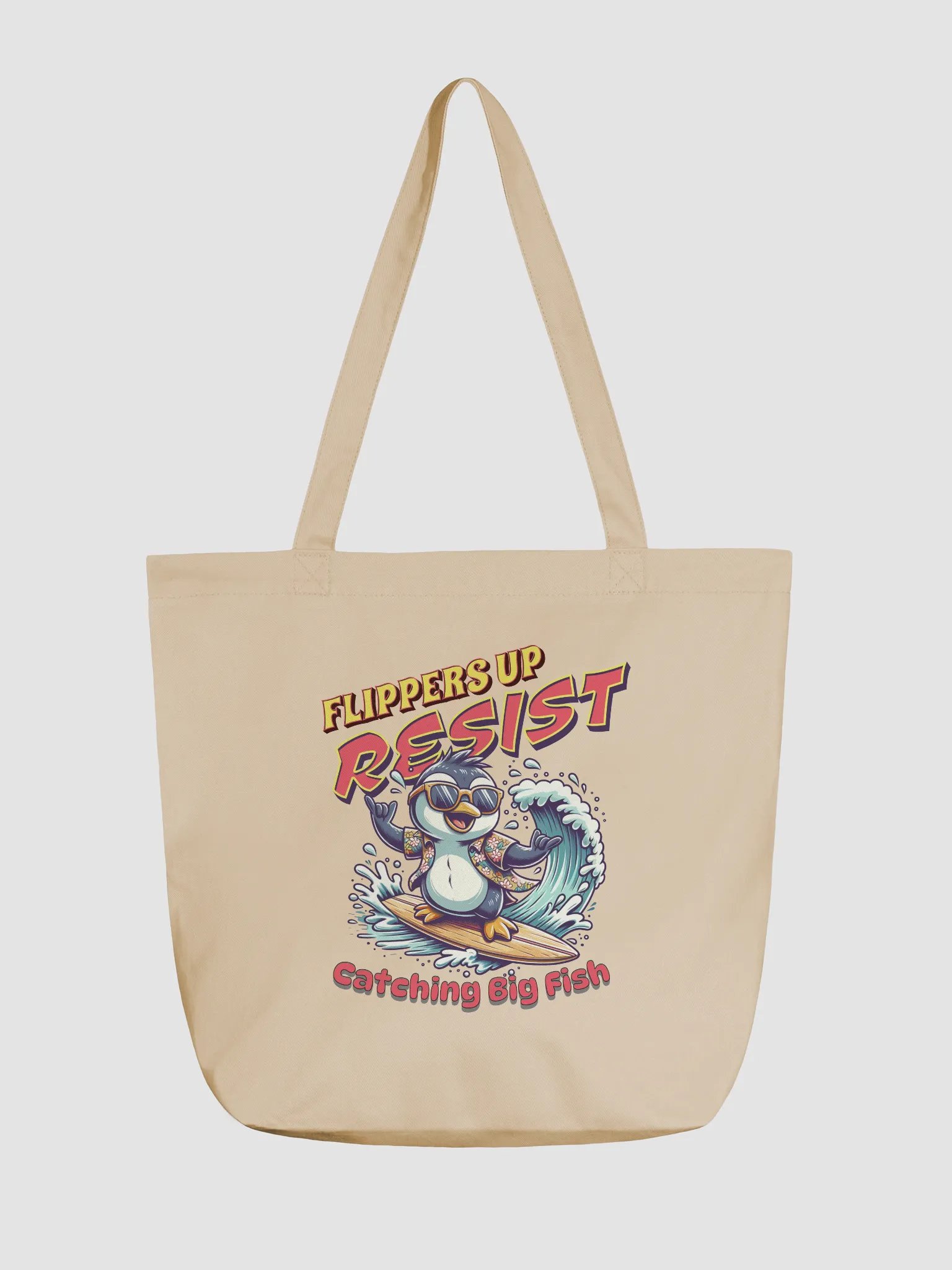 Flippers Up Resist Catching Big Fish Penguin Surfing Eco Tote Bag product image (2)