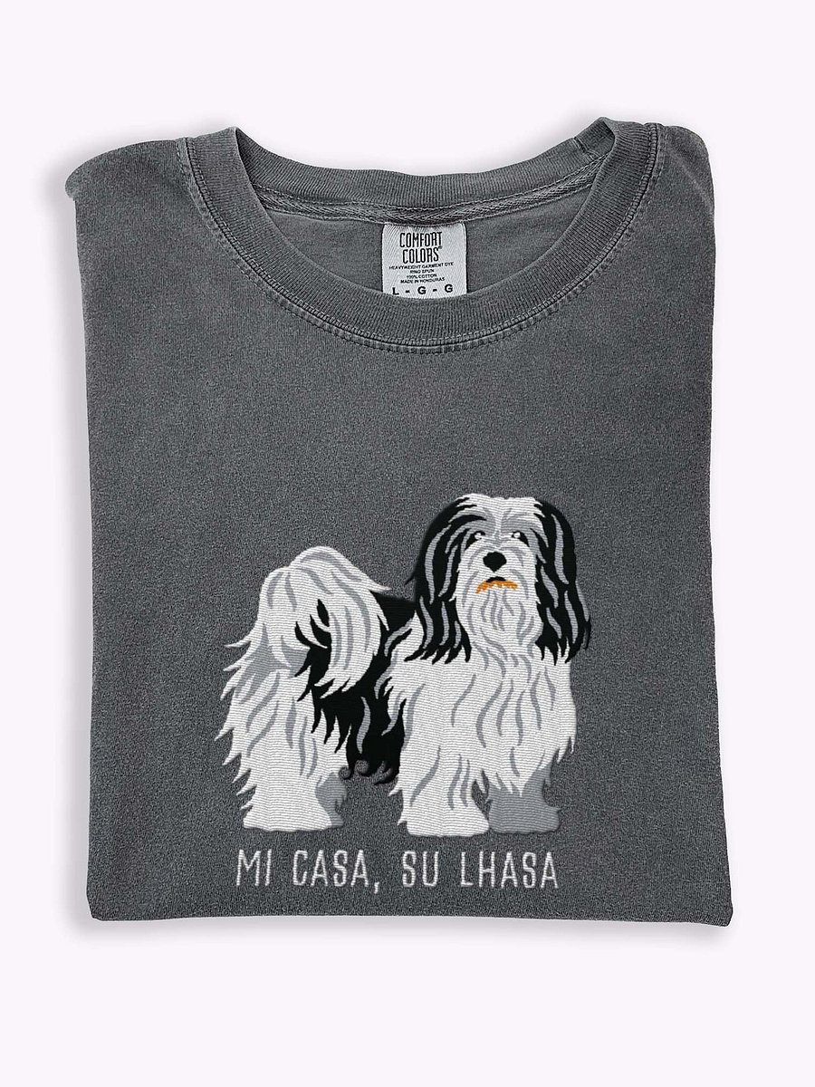Mi Casa, Su Lhasa T-Shirt(Embroidered) of a Lhasa Apso(Black & White) product image (1)