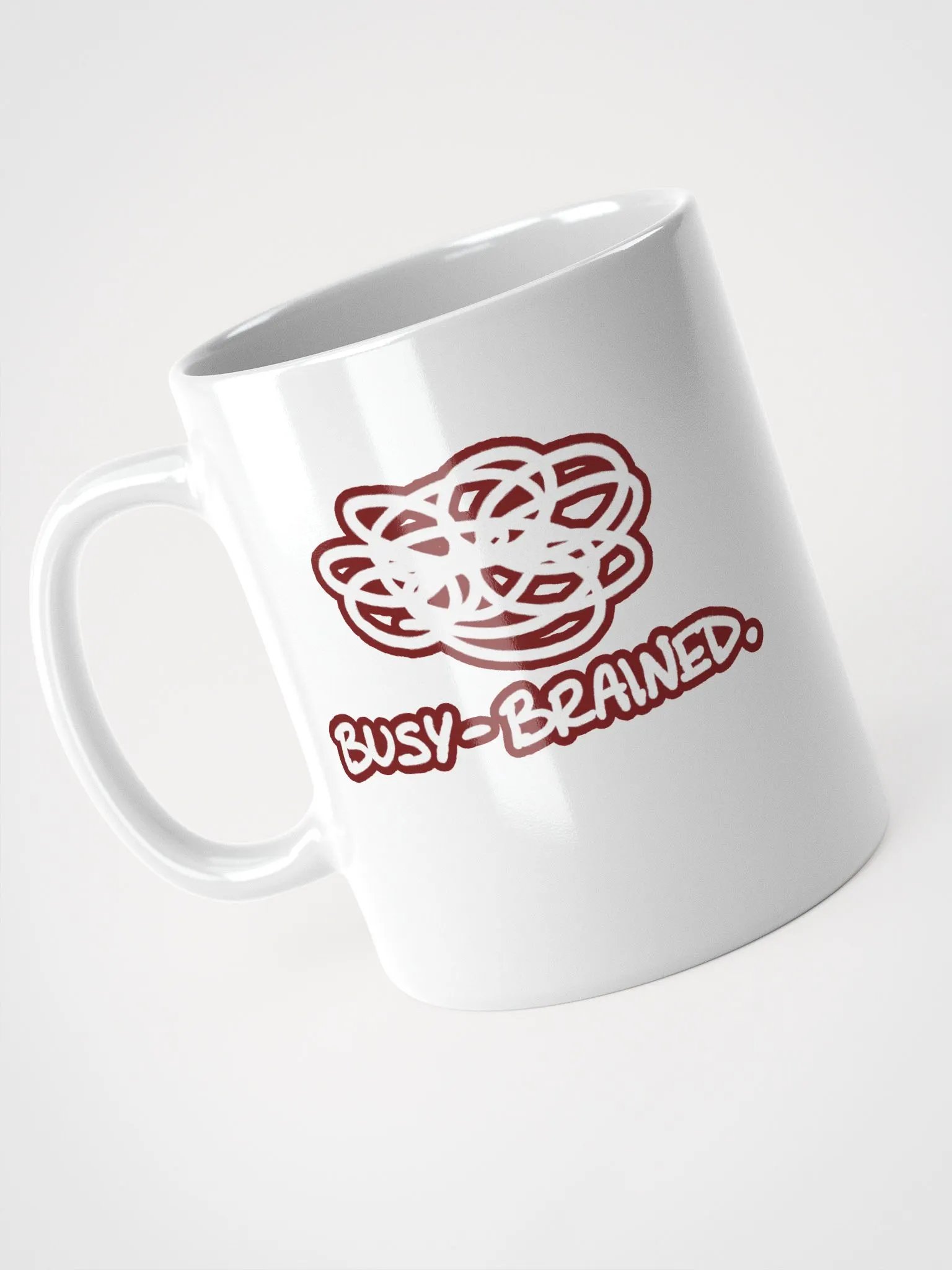 BUSY-BRAINED (lined design, #6D1616) glossy white mug product image (6)