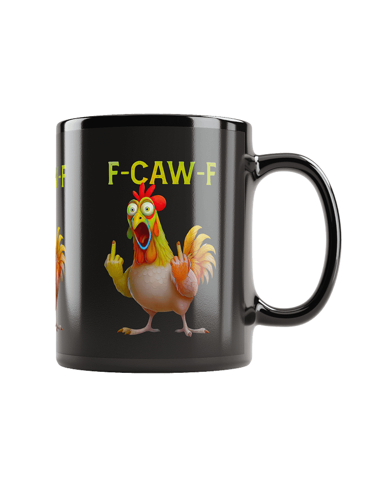 FUNNY ROOSTER MUG – BLACK GLOSSY COFFEE CUP WITH “F-CAW-F” SLOGAN – FARM HUMOR GAG GIFT product image (1)