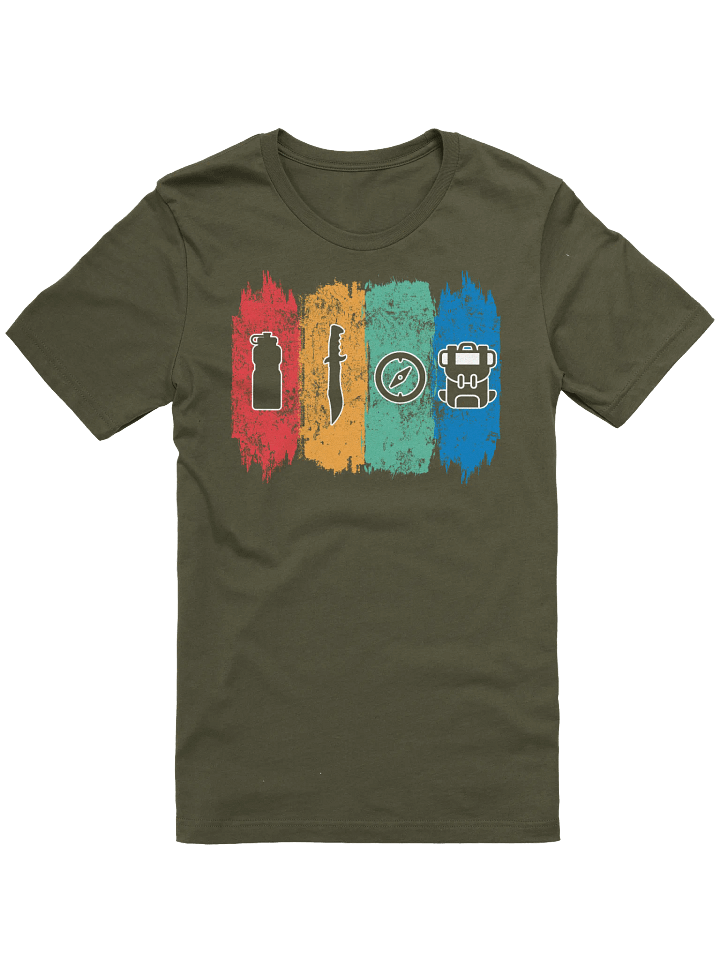 Modern Vintage Outdoor Adventure Icons T-Shirt - Water Bottle, Knife, Compass & Backpack, Nature Lover Gift, Wilderness Explorer Top product image (1)