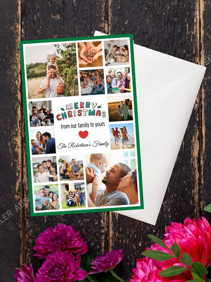 Merry Christmas Photo Collage Card With Green Border Template product image (2)