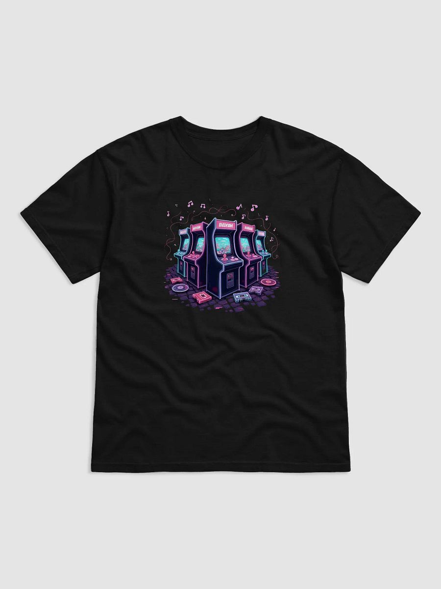 Step into the Electric Dreamscape: Retro Arcade Machines with Neon Musical Notes T-Shirt - A Timeless Fusion of Gaming Nostalgia and Melodic Magic on Fourthwall product image (1)