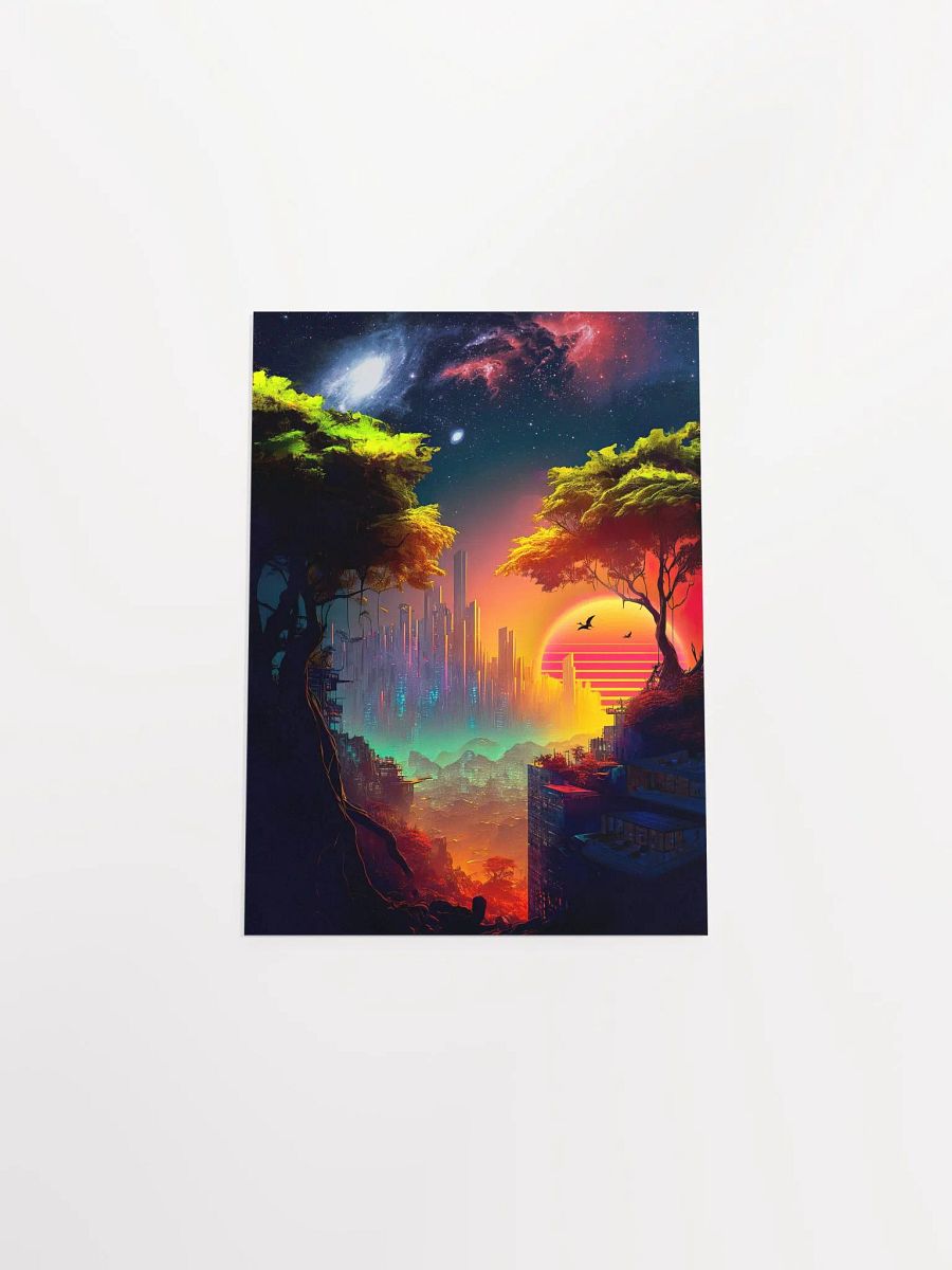 Synthwave cyberpunk city in a forest — surreal space collage art, futuristic sci-fi collage product image (9)