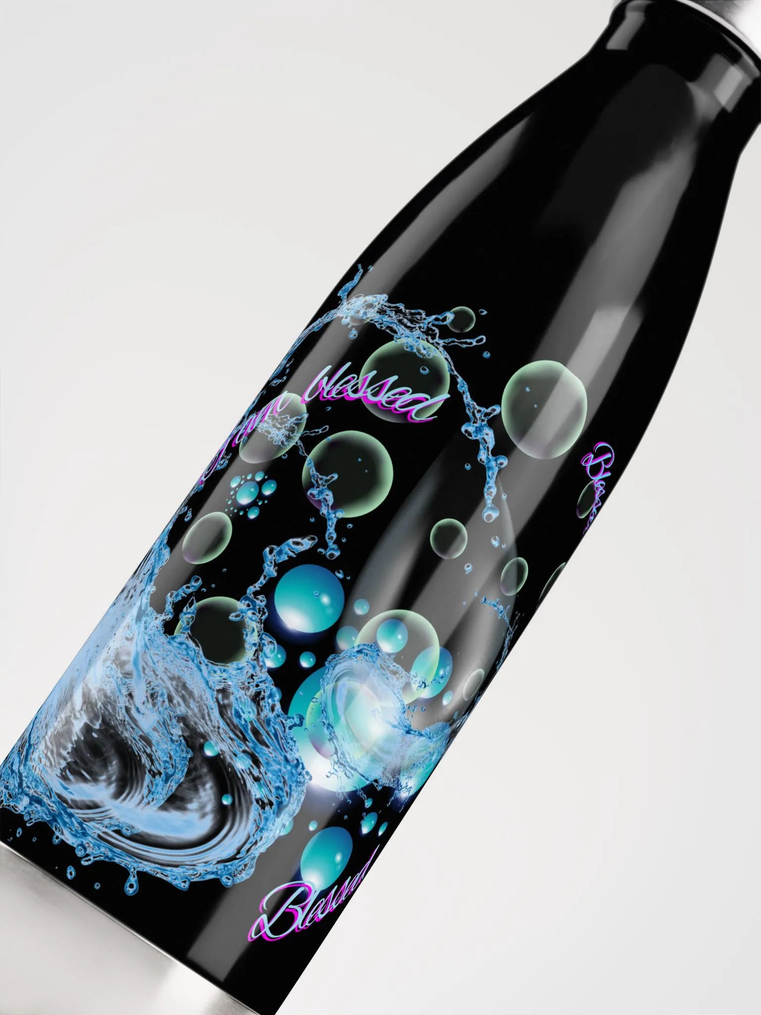 water bottle with beautiful swirly blue water splash and drops design featuring “ I am blessed’ product image (5)
