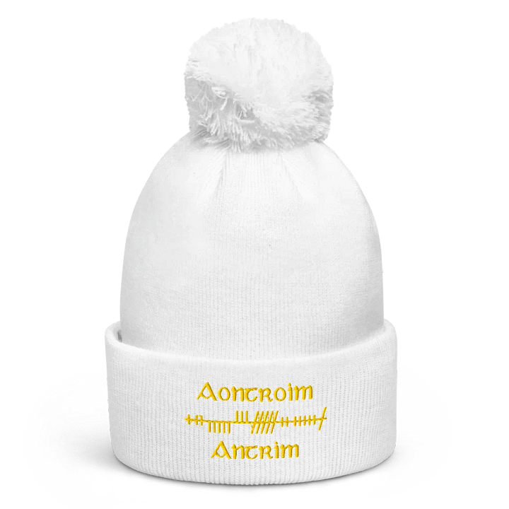 Antrim/Aontroim, Orthodox Style Ogham, white with saffron, Pom-Pom Beanie product image (1)