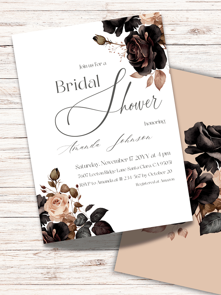 Floral Bridal Shower Invitation, Rustic Wedding Shower Invite Canva Template, Printable Black and White Party Theme Idea, Digital Download product image (2)