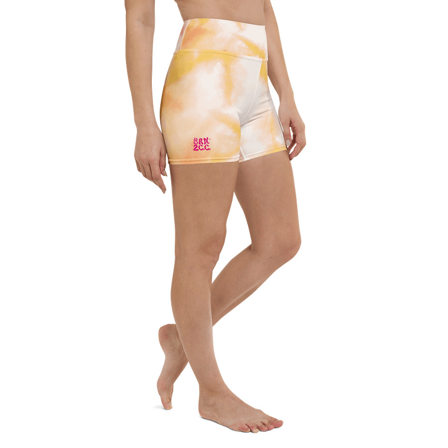 All-Over Print Yoga Shorts | with Inside Pocket | BRN.2C.C.™ | Coastal-Inspired Activewear | Vibrant Pink Logo on Orange Tie-Dye product image (3)