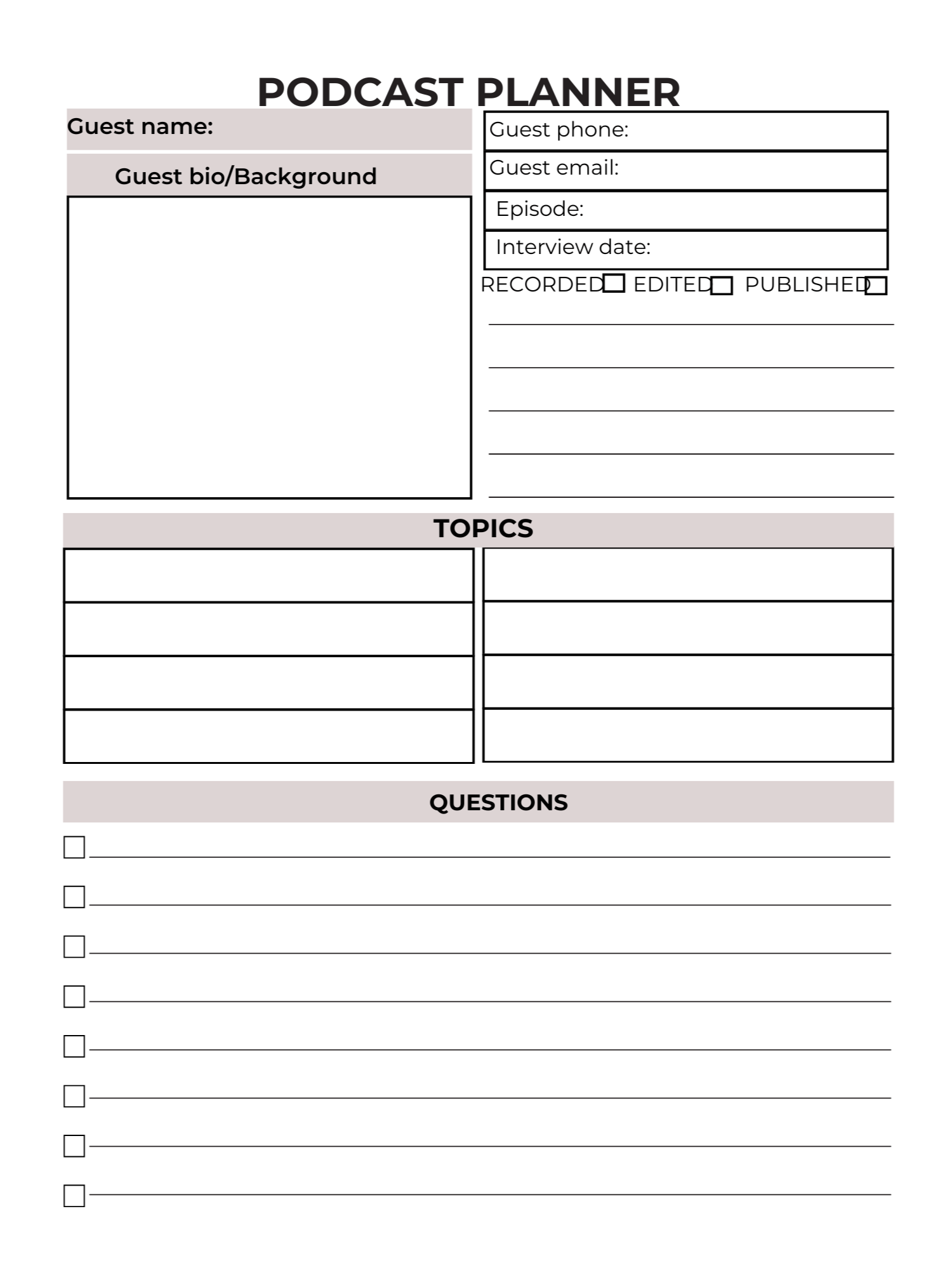 “Podcasting with Purpose: A Complete Planner” “The Podcaster’s Playbook” “Mic Check: Podcast Planner & Tracker” product image (1)