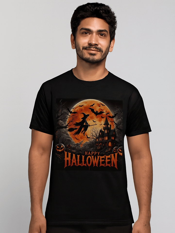Flying Witch with Haunted House and Full Moon Halloween Scene T-Shirt product image (1)