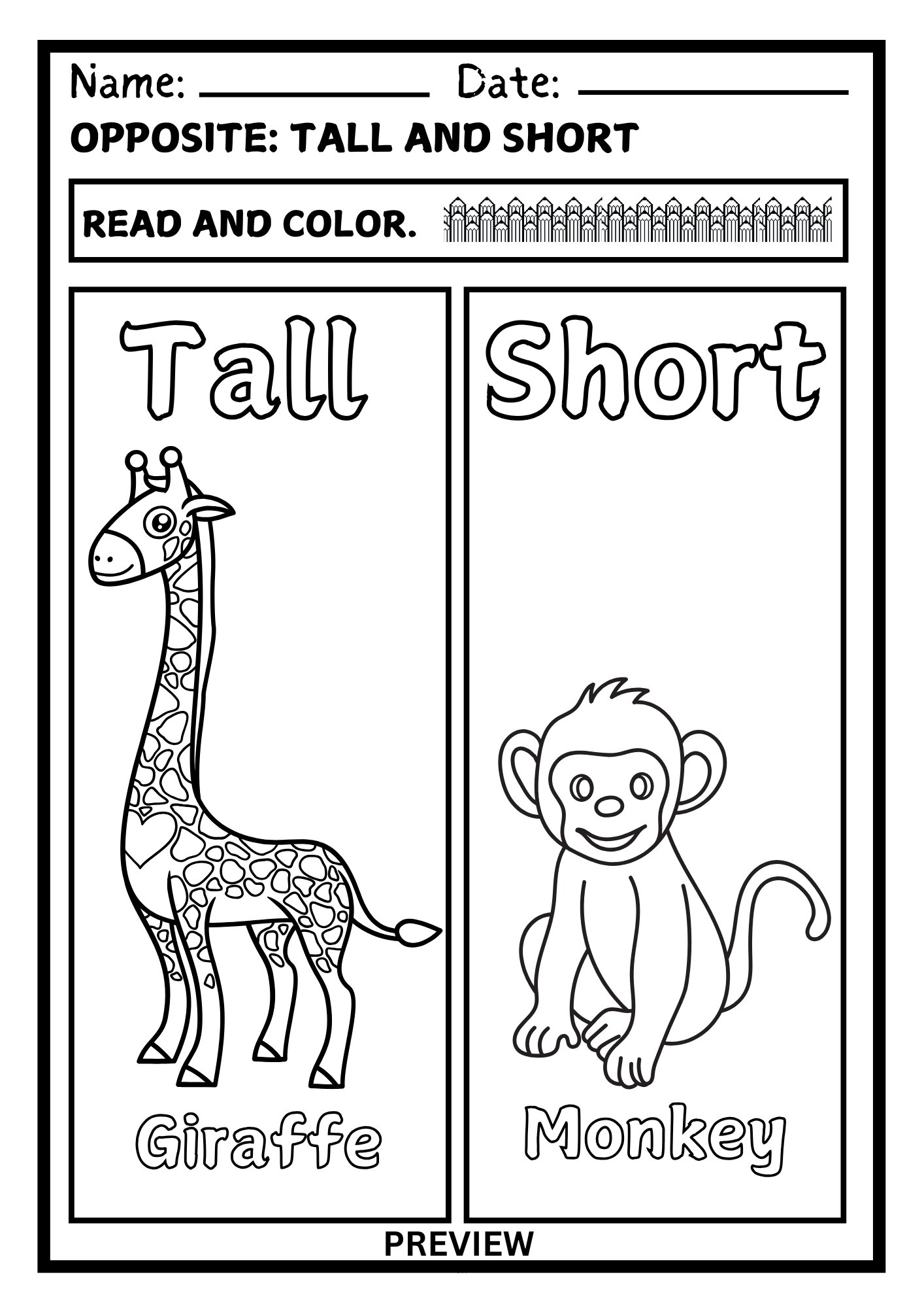 Opposites Worksheet Tall and Short Black and White – Fun Read and Color Activity PDF product image (1)