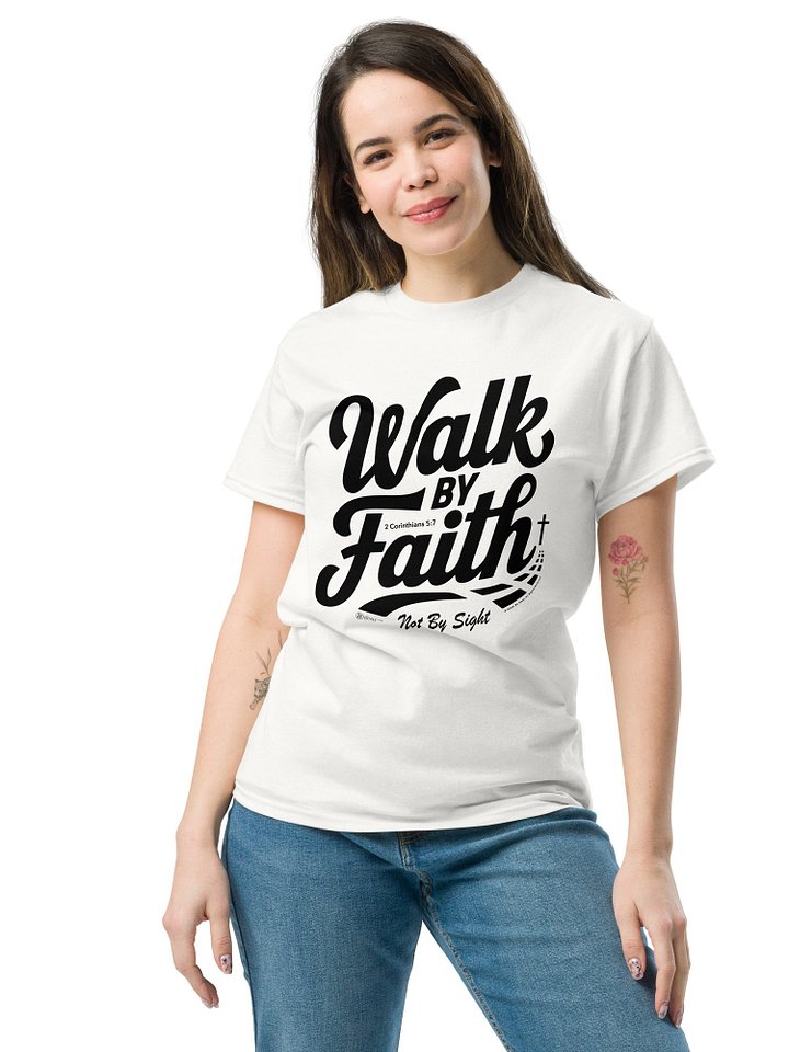 Walk By Faith, Heavyweight Unisex Crewneck T-shirt | Gildan® 5000, 2 Corinthians 5:7, KJV, Bible Verse, Scripture Shirt, Black print on Light Shirts product image (1)