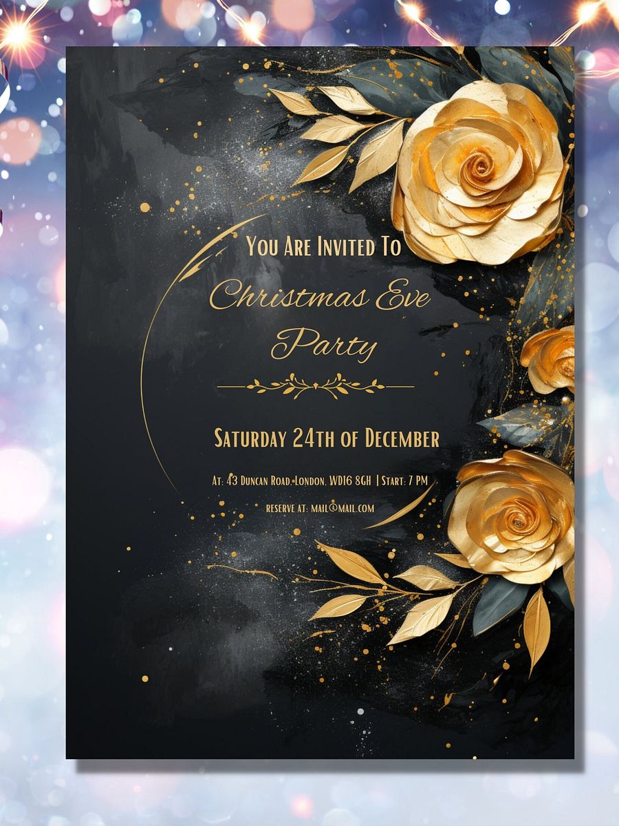3D Golden Roses Christmas Eve Party Invitation | Editable in Canva | Christmas Party Printable | Holiday Invitation Template | Link to Canva product image (4)