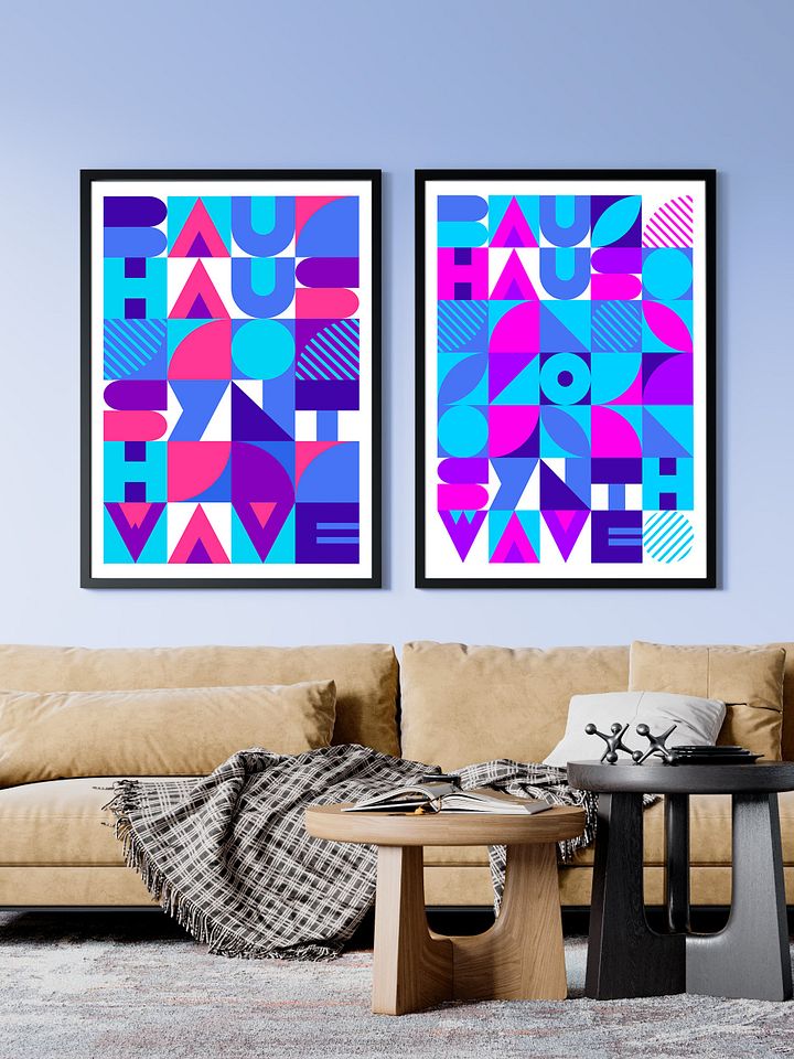 Bauhaus Synthwave #3 poster (pink-blue) — abstract poster, retrowave print, vaporwave geometric art, 1980s print, 1930s wall decor product image (2)