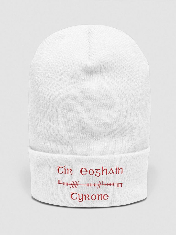 Tyrone/Tír Eoghain, Orthodox style Ogham, white with red, embroidered Cuffed Beanie product image (1)