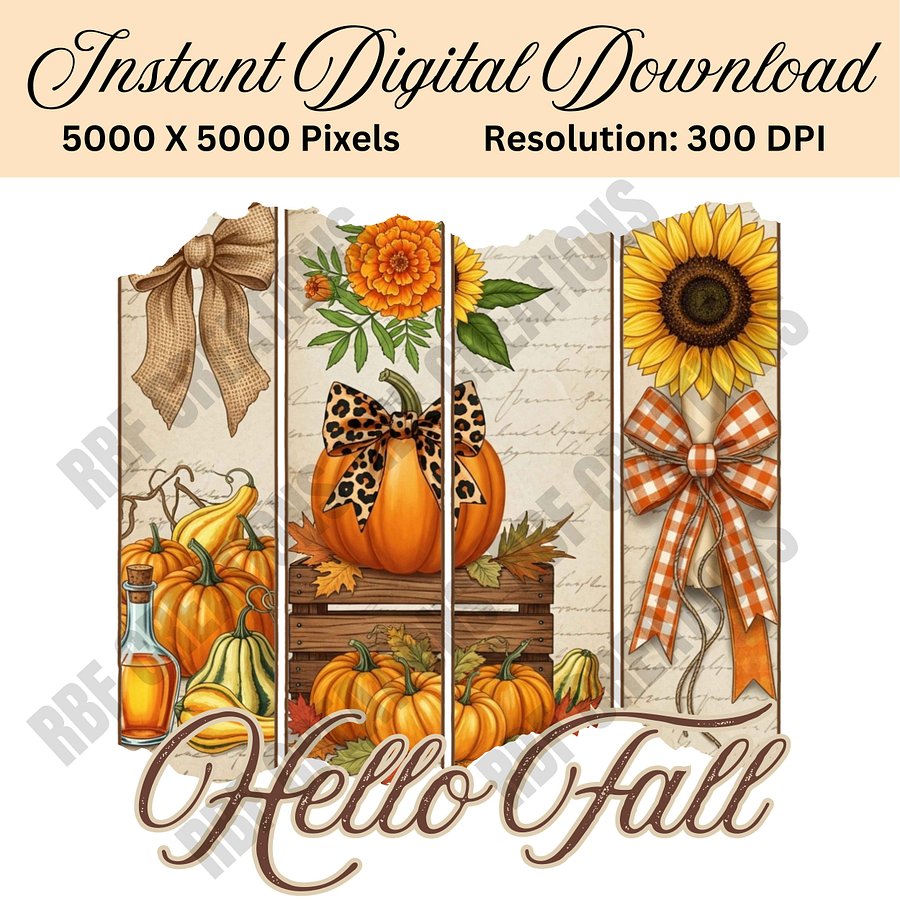 Hello Fall PNG Digital Download | Autumn Pumpkins & Sunflower Sublimation | Rustic Fall Leopard Bow PNG | 300 DPI Transparent File product image (1)
