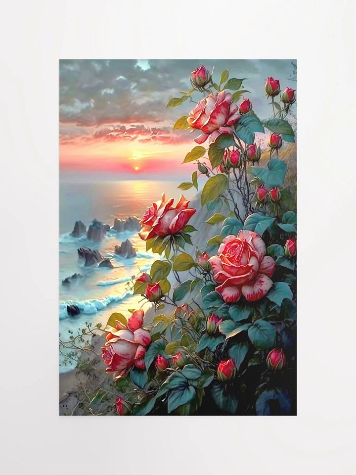 Coastal Sunset Romance: Majestic Roses Against Oceanic Vistas Poster