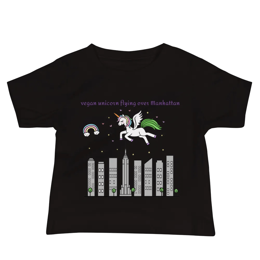 “Vegan Unicorn Flying Over Manhattan” Black T-Shirt for Kids product image (3)