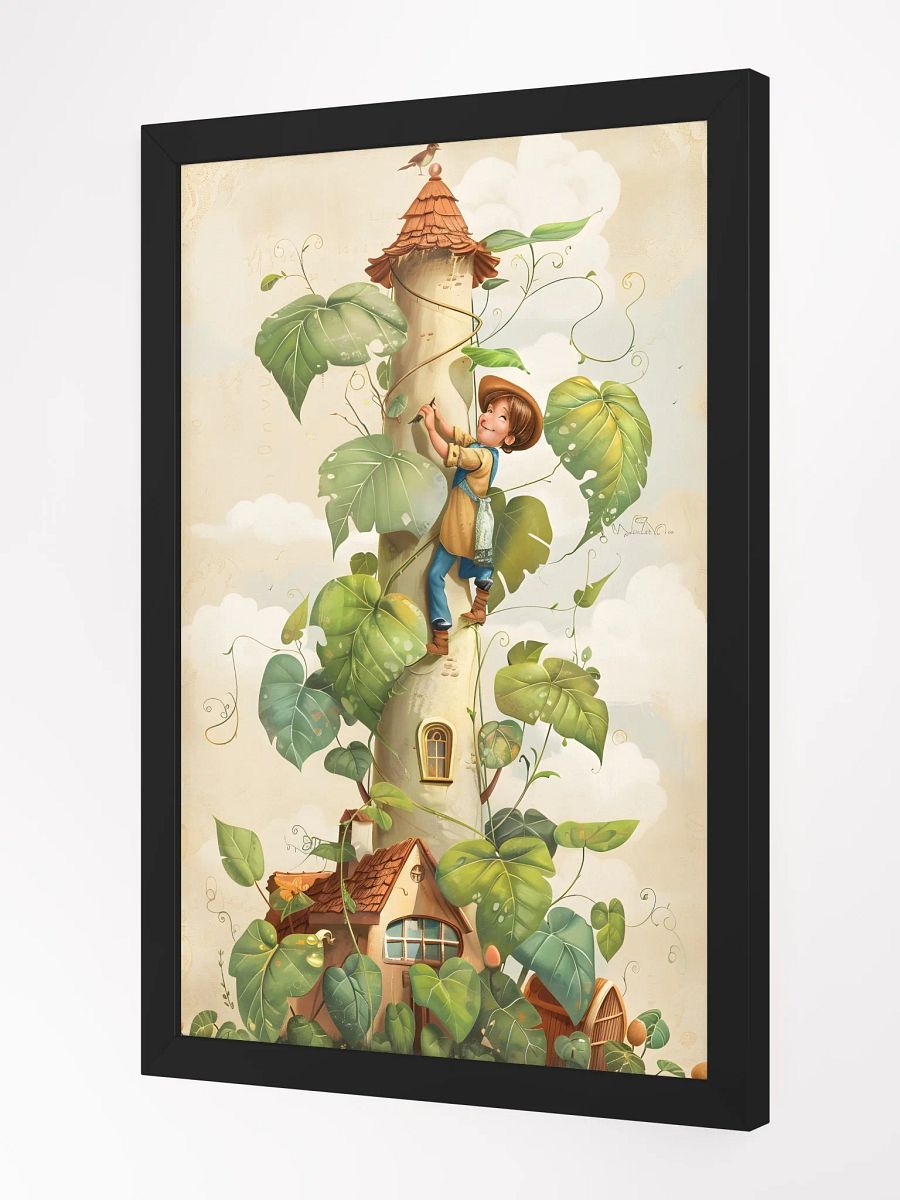 Boy climbing a tall beanstalk toward a cozy small house product image (2)