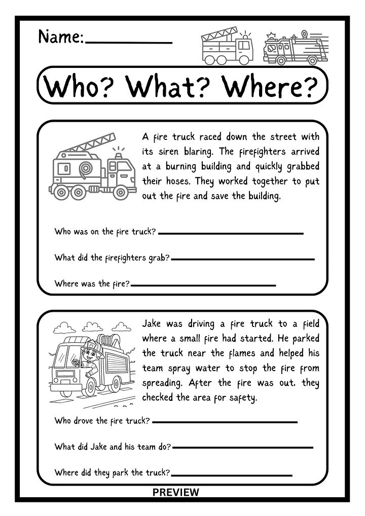 WHO? WHAT? WHERE? Truck Fire -THEMED WORKSHEET product image (1)