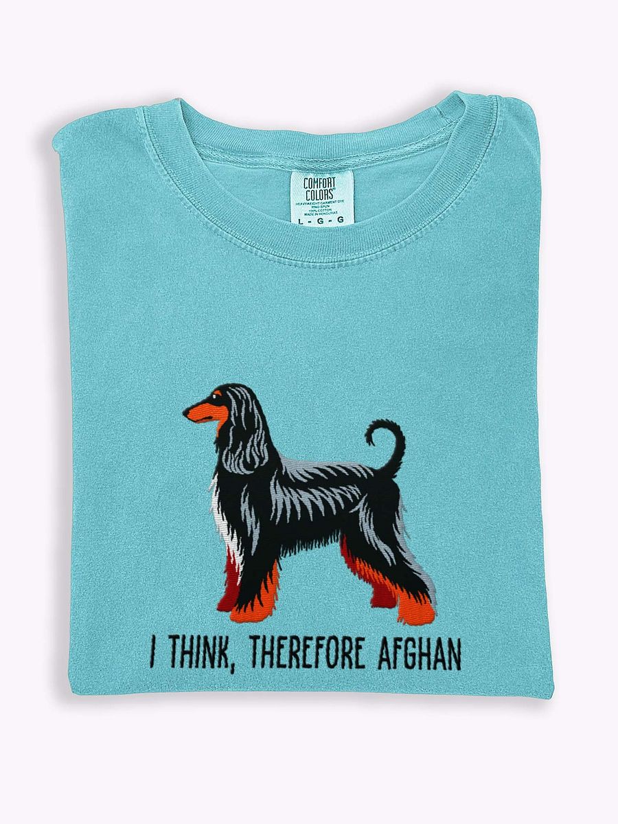 I Think, Therefore Afghan T-Shirt(Embroidered) of an Afghan Hound(Black & Tan) product image (1)