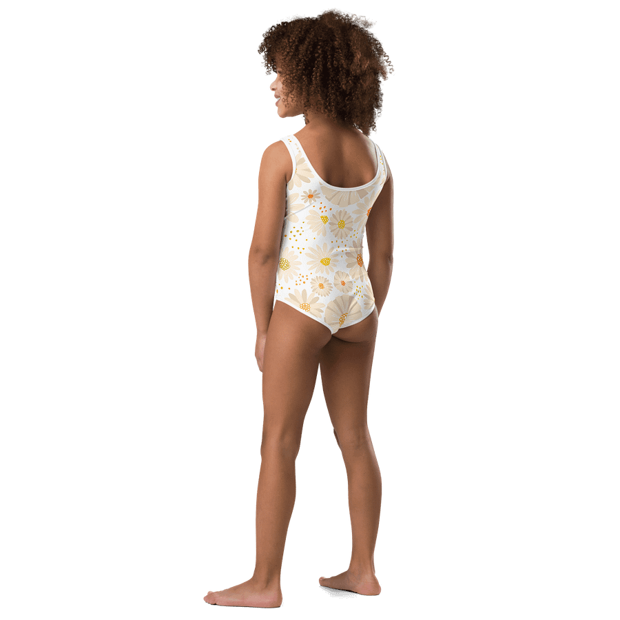 Girls' | One-Piece Swimsuit | BOURNE to Cape Cod™ | Front Logo | Coastal Kids Swimwear | Blue Logo on Daisies product image (4)