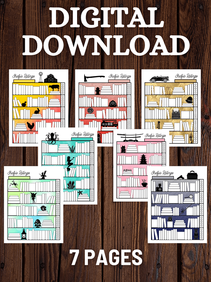 Shelfie Ratings Book Tracker TWO, Printable Bookcase Journal Log with 7 Themes product image (1)
