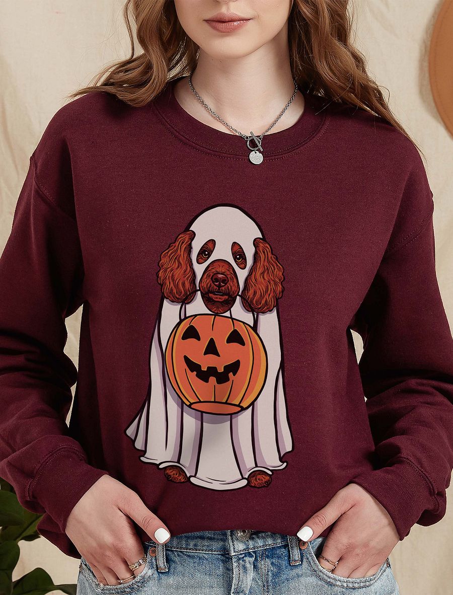 Funny Halloween Mini Poodle(Red) Sweatshirt | Funny Poodle Wearing a Ghost Costume and Holding a Pumpkin Basket product image (10)