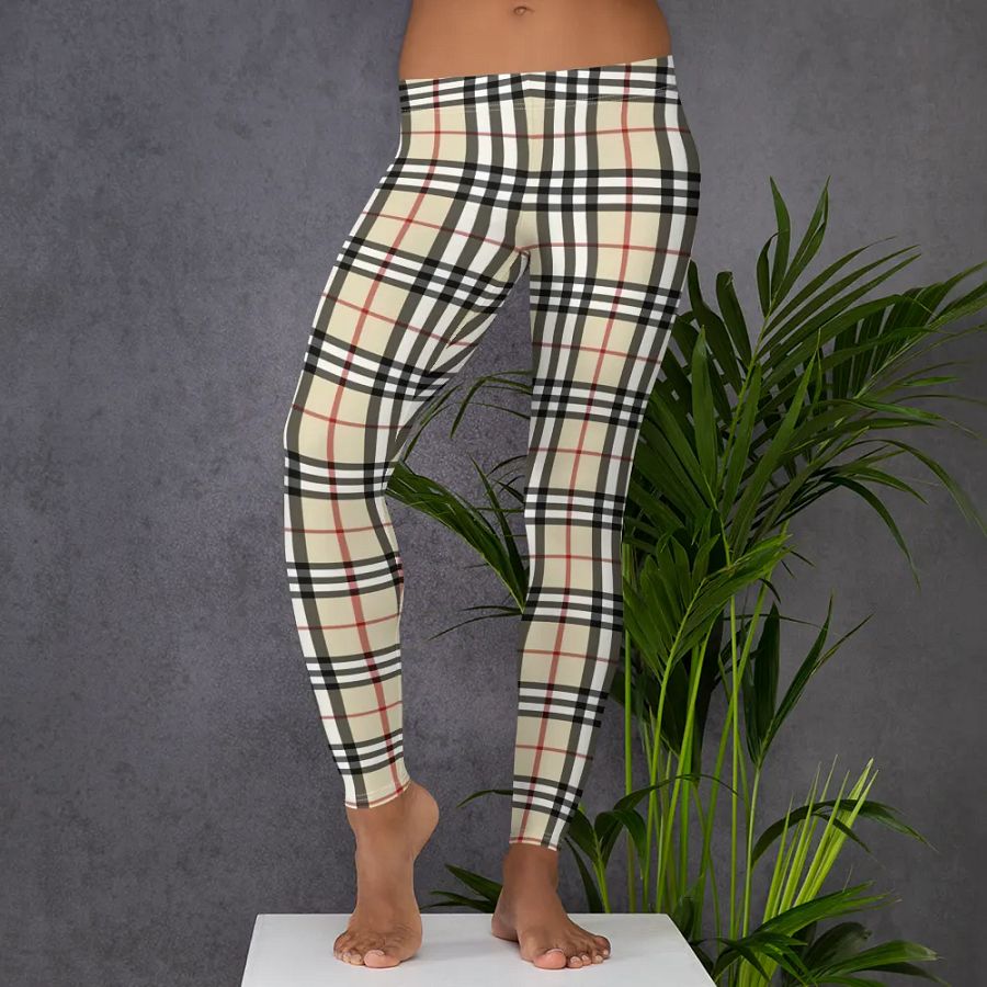 Classic Beige Plaid Leggings: Timeless Tartan Print Women's Fashion Pants product image (5)