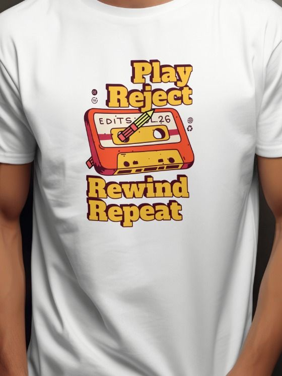 Retro Cassette Tape Edit T-Shirt Play, Reject, Rewind, Repeat product image (1)