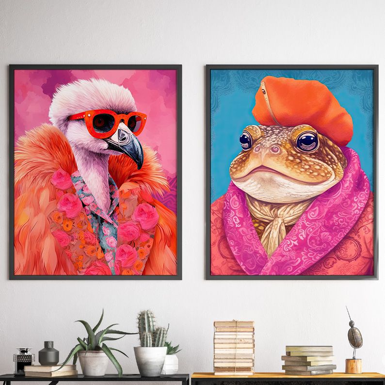 Colorful Animal Fashion Art DIGITAL Print Set of 6 ~Peacock, Panda, Giraffe, Toad, Flamingo~ product image (6)