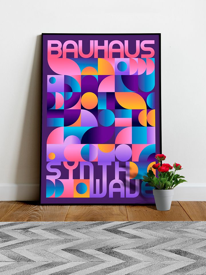 Synthwave Bauhaus Neon poster #2 (dark purple-pink) — abstract poster, retrowave print, vaporwave geometric art, 1980s print, 1930s decor product image (1)